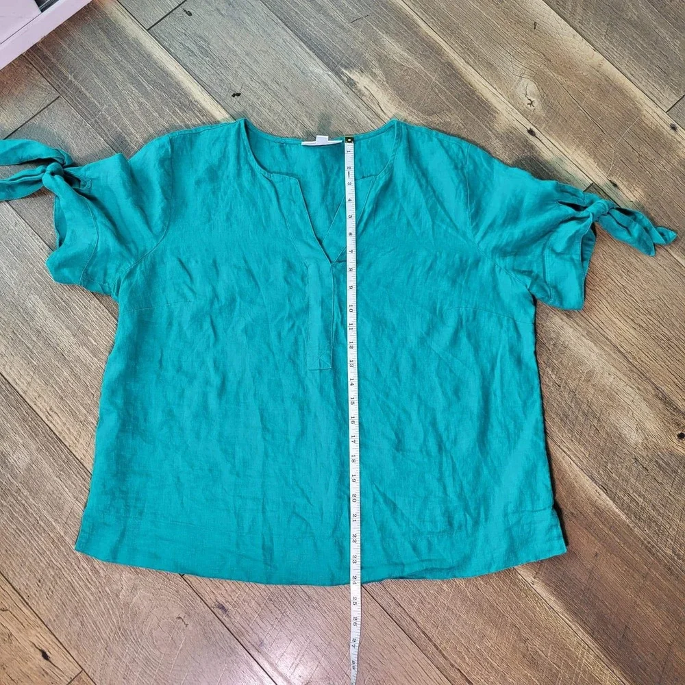 Charter Club Luxury Teal Green 100% Linen Split Neck Tie Sleeve Top Large